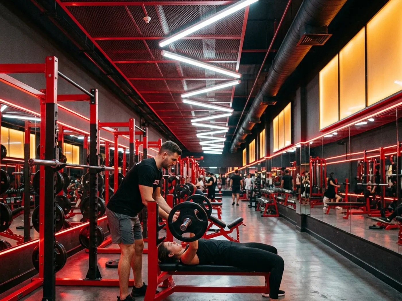 A coach spotting a member during a barbell bench press
